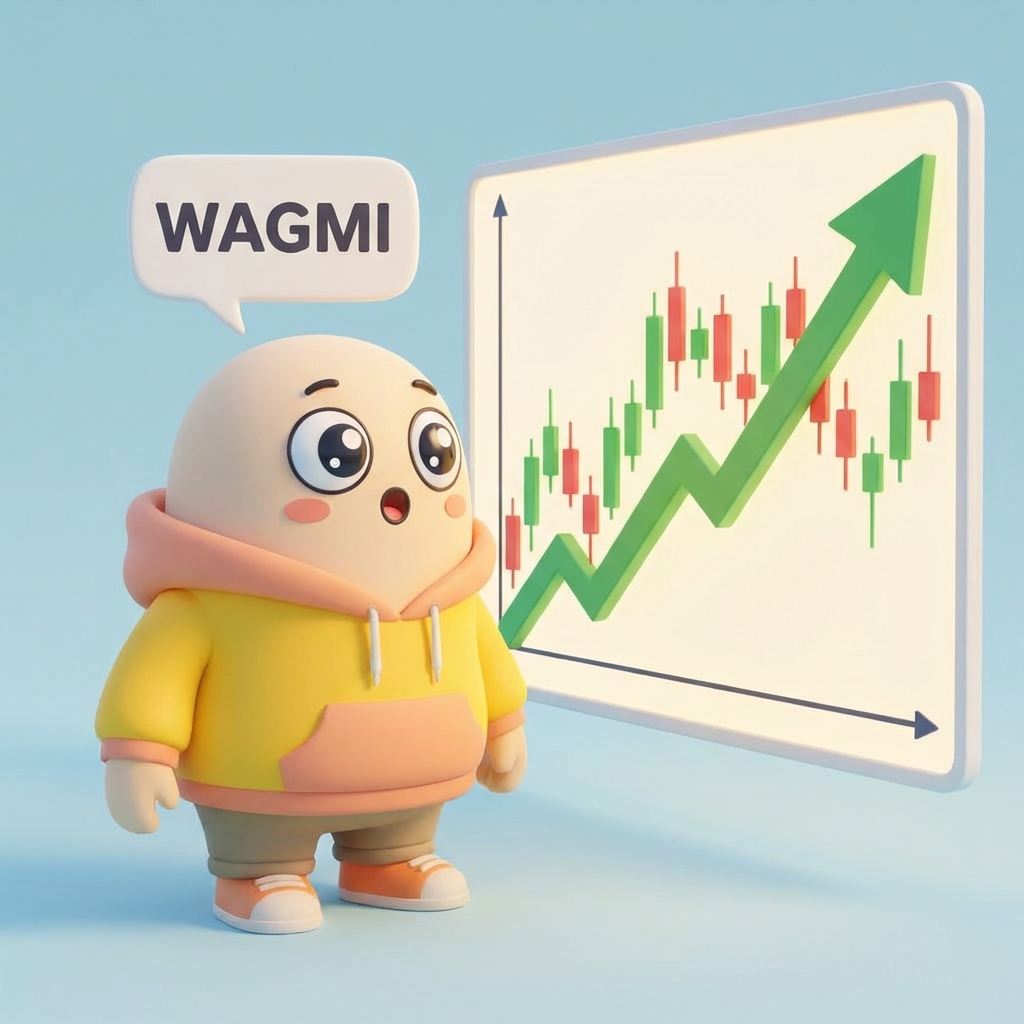 Punny watching trading chart with WAGMI enthusiasm