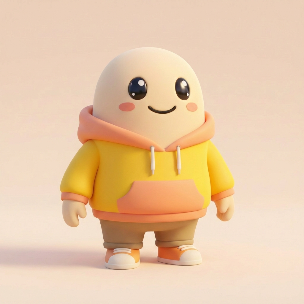 Punny Mascot - 3D cute character in yellow hoodie standing pose