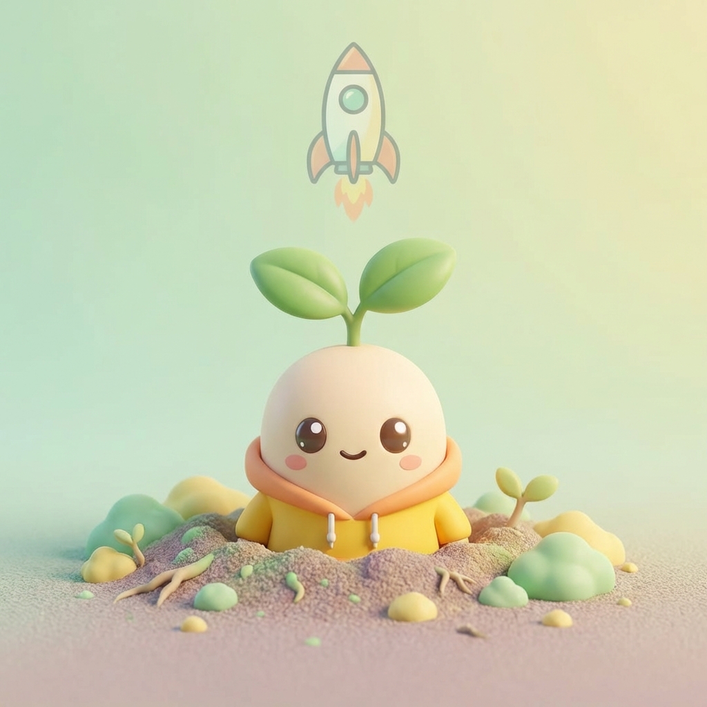 Punny seedling emerging from ground with rocket launch